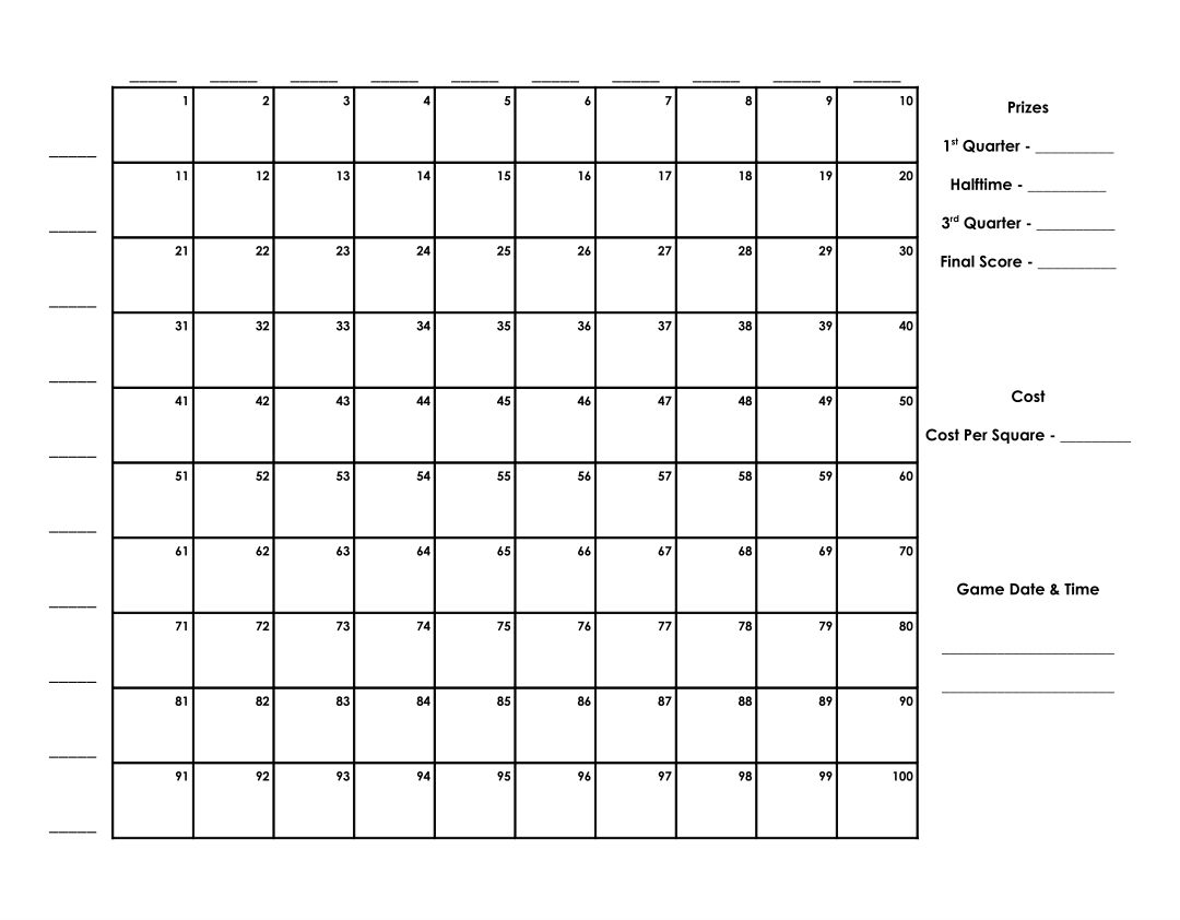 Football Pool Free Printable Football Squares 100