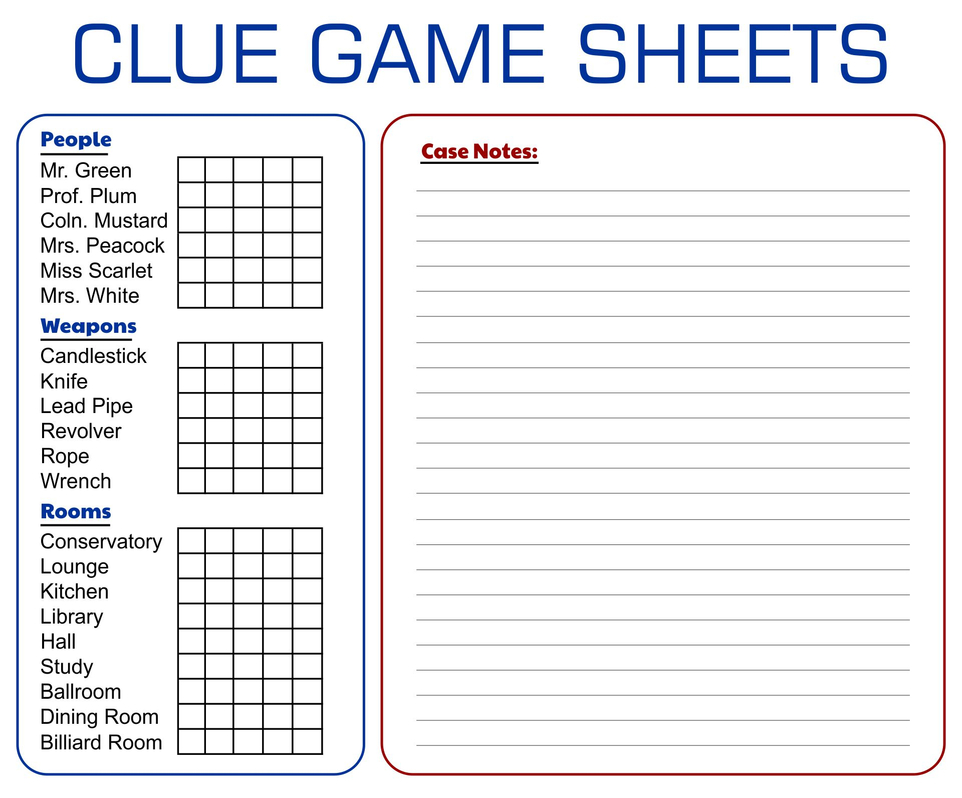 10 Best Printable Board Game Clue Sheets Printablee