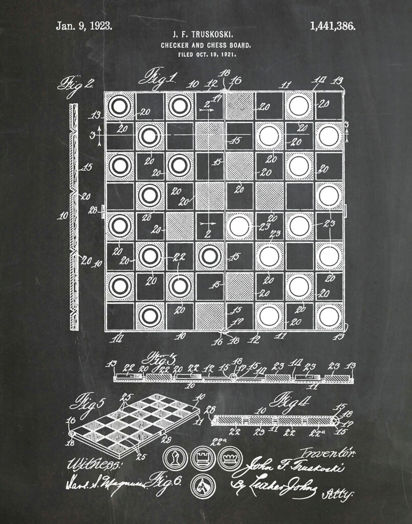 1923 Checker Board Patent Print Chess Board Poster Board Game 