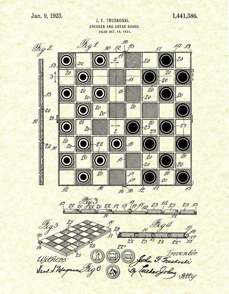 1923 Checker Board Patent Print Chess Board Poster Board Game 