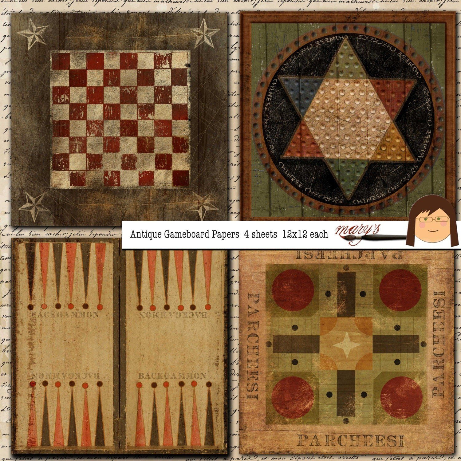 Antique Game Board Papers 4 12x12 Sheets