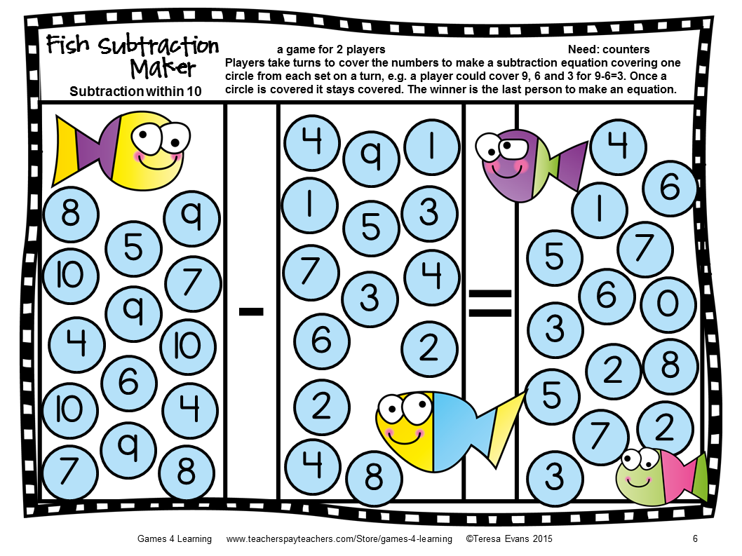 Ocean Animals Subtraction Games For Fact Fluency Printable Math Board 