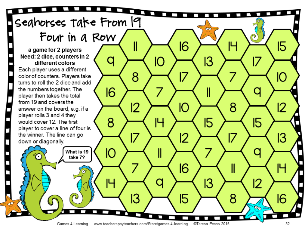 Ocean Animals Subtraction Games For Fact Fluency Printable Math Board 