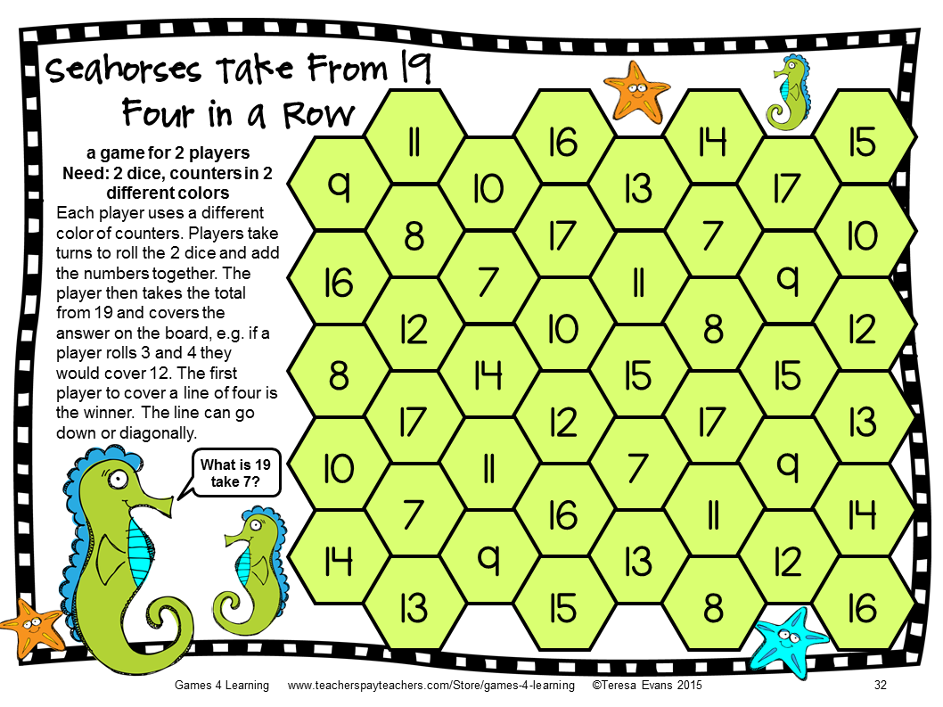 Ocean Animals Subtraction Games For Fact Fluency Printable Math Board