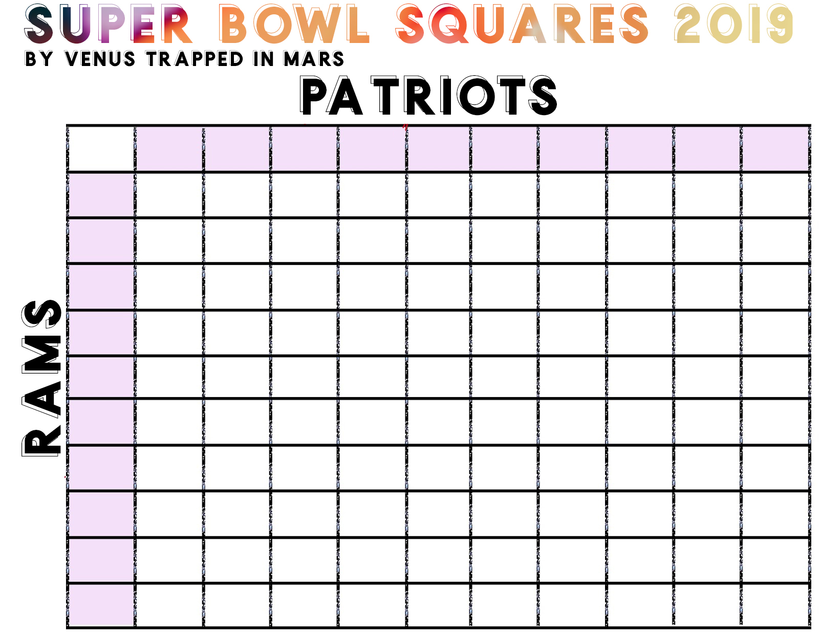 Super Bowl Squares 2019 LA Rams Vs New England Patriots Venus