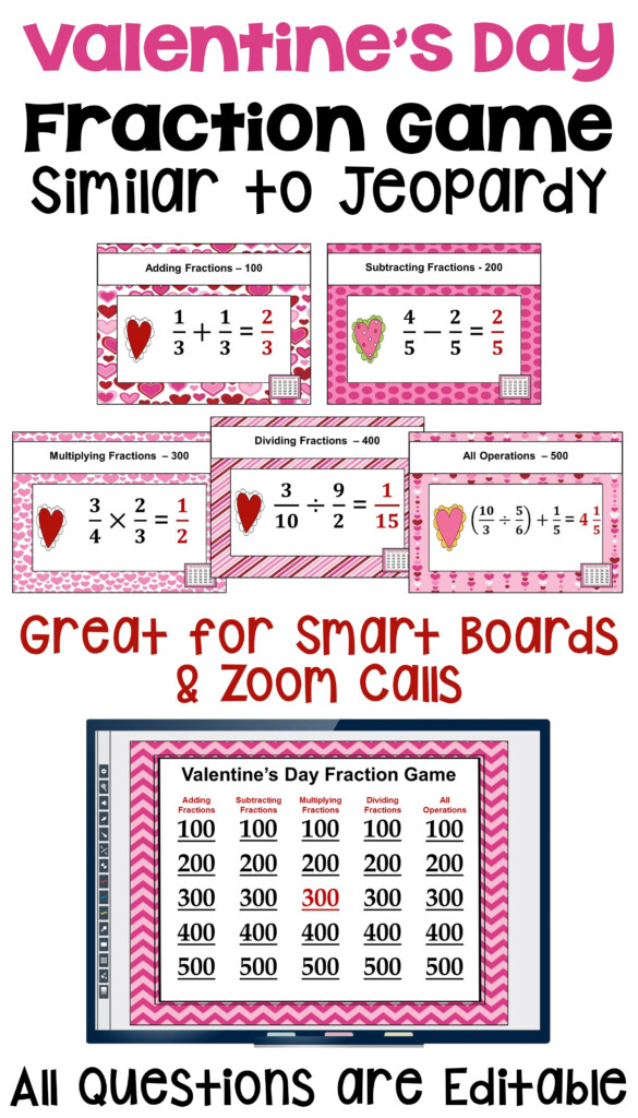 Valentine s Day Fraction Game Similar To Jeopardy In 2021 Fraction 